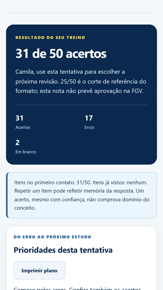 Tela de resultado com acertos, erros e questões em branco